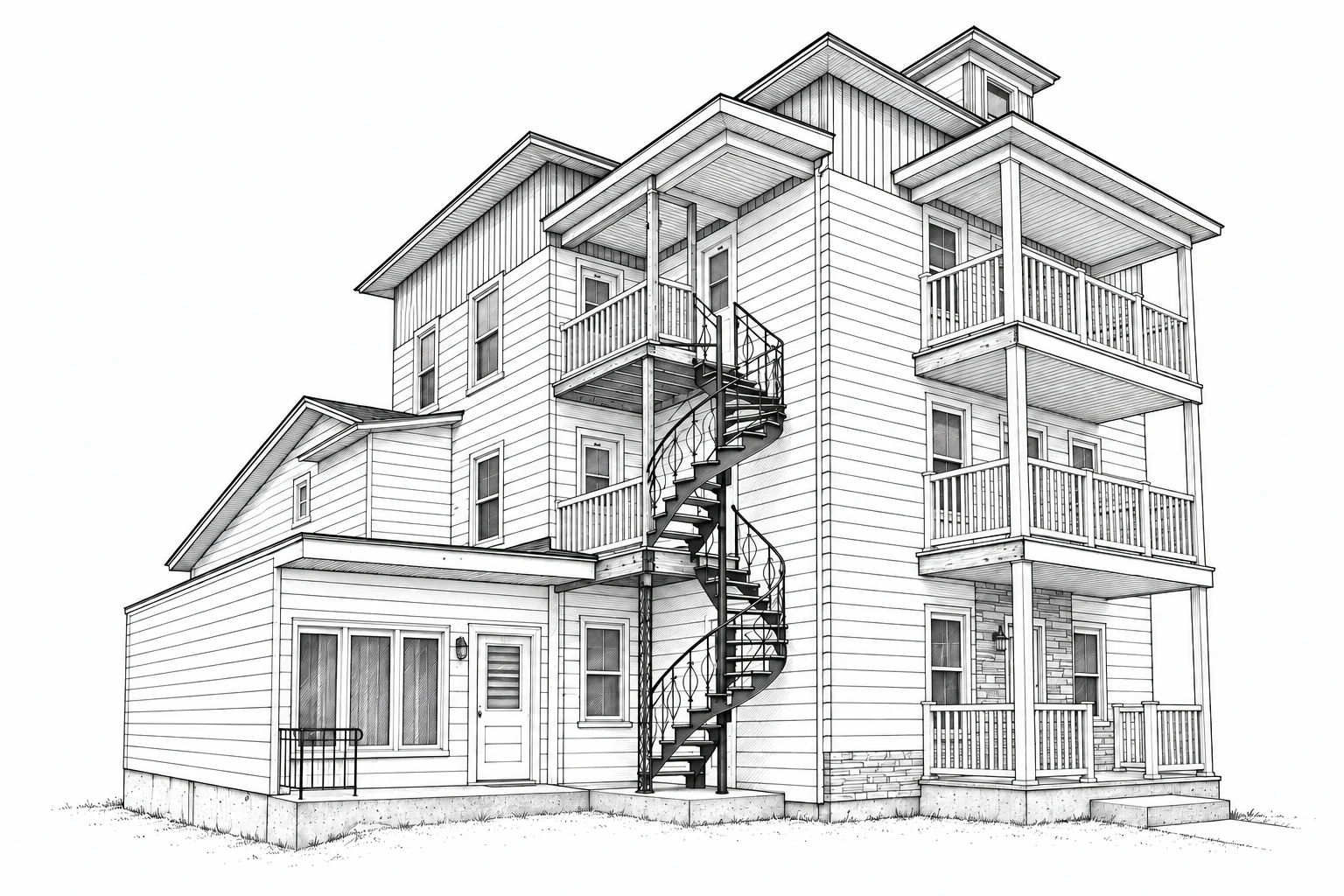 Illustration architecturale de l’immeuble résidentiel de Thetford Mines, avec balcons superposés et escalier extérieur.