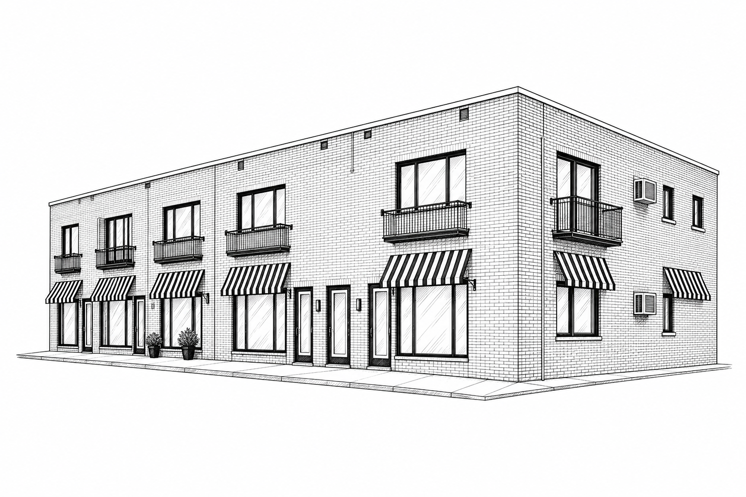 Illustration architecturale de l’immeuble de Trois-Rivières, avec façade en brique et auvents rayés.