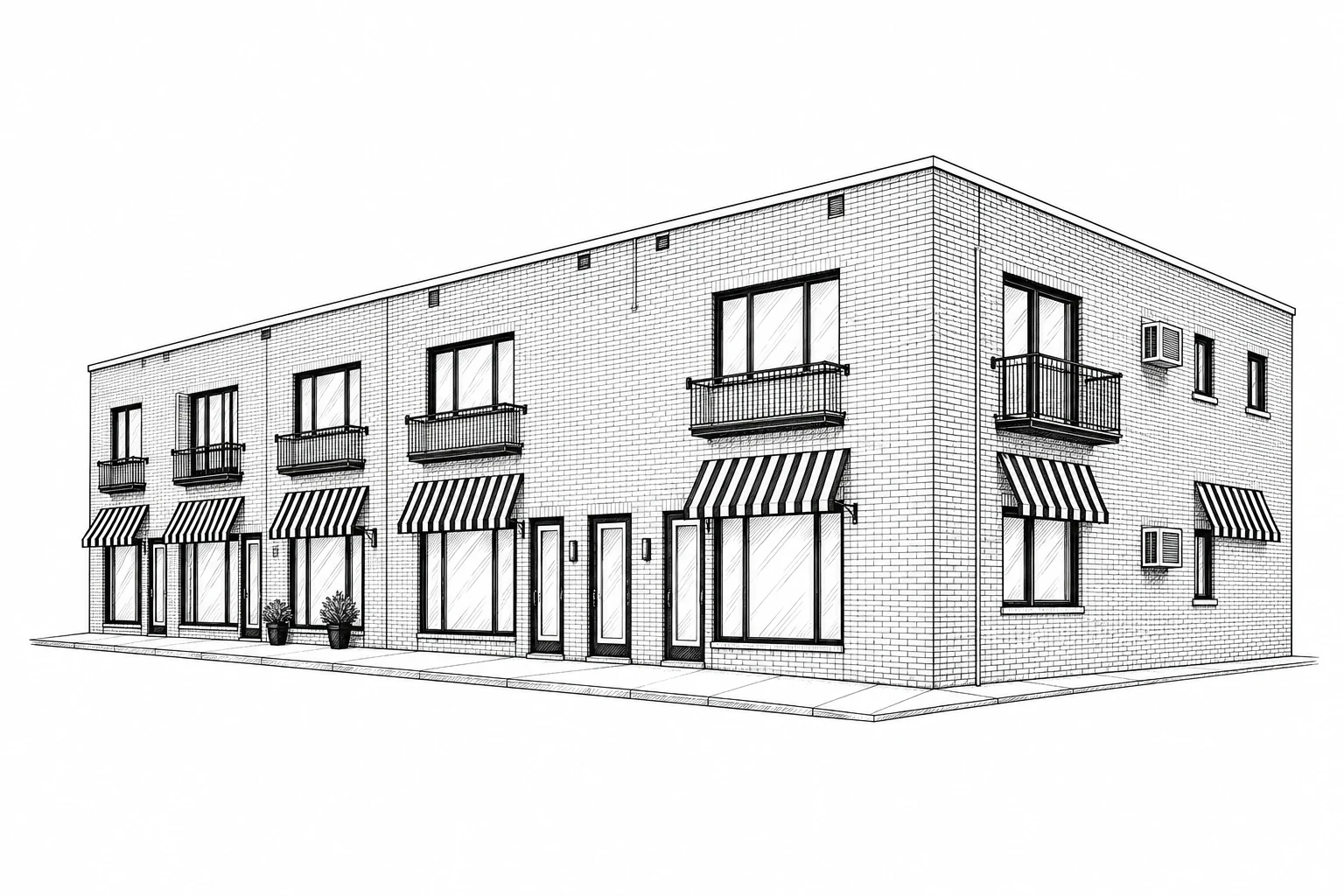 Illustration architecturale de l’immeuble de Trois-Rivières, avec façade en brique et auvents rayés.